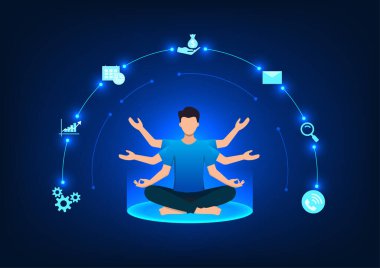 İşadamı birden fazla kolla meditasyon yapıyor ve birden fazla görevi temsil eden ikonlar kullanıyor. Birlikte verimli çalışın. Vektör illüstrasyonu