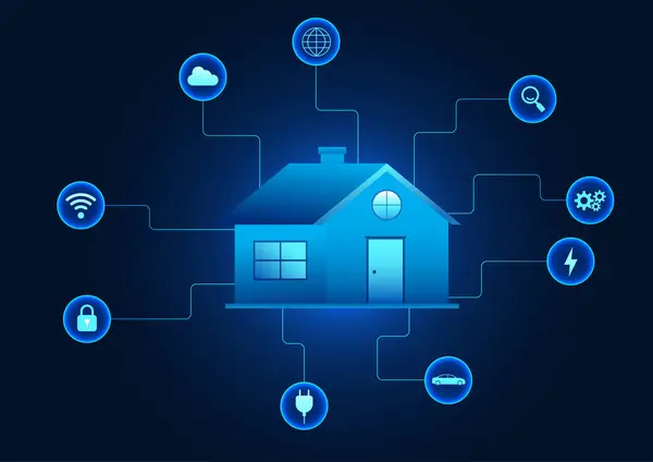 Şeylerin İnterneti teknolojisi IoT cihazlarına bağlı bir ev uzaktan kontrol cihazları veya bilgi teknolojisi modern bir teknoloji yeniliğidir. Vektör illüstrasyonu