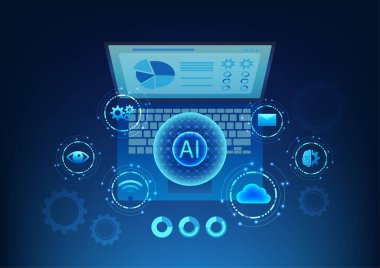 Yapay Zeka Teknolojisi Yapay Zeka, insan ihtiyaçlarını karşılamak için çalışmaya ve öğrenmeye gelir. İnternet kelime işleme simgesine bağlı yapay zeka dizüstü bilgisayar ekranında.