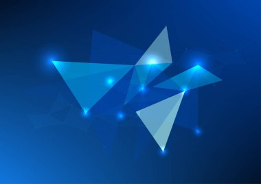 Soyut teknoloji arka planı, birbiriyle bağlantılı üçgen geometrik elementler broşürler, broşürler, dergiler, mavi, vektör illüstrasyonları için yüksek teknolojili dijital veri transferi.