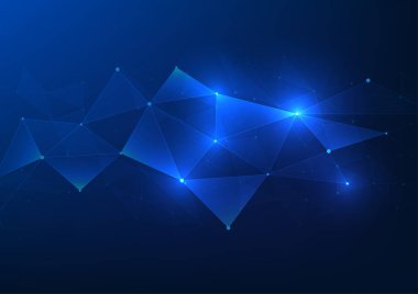 Soyut arka plan teknolojisi geometrik çizgi elemanlarına bağlı yüksek teknolojili dijital veri iletimini temsil ediyor. Üçgen şekil, mavi arkaplan, vektör illüstrasyonu