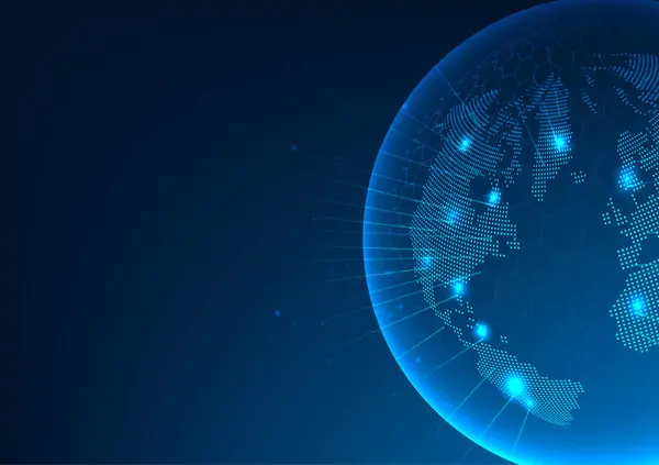 Işık ışınları ile dünya teknolojisinin soyut arka planı ağdaki yüksek teknolojili dijital verilerin bağlantısını gösteriyor. Bir güvenlik sistemi var ve tüm dünyada iletişim kurmak için kullanılabilir..