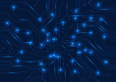 Devre kartı teknolojisi arka planı, devre kartı elektronik cihazların çalışmasına ışık ile sinyal gönderiyor. Vektör illüstrasyonu