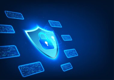 Siber güvenlik teknolojisi siber tehditlere karşı koruma sağlayan bir yazılım teknolojisidir. veri hırsızlığı verilerin imhası, kalkanlardaki kilitler ve sayısal kodlar Vektör illüstrasyonu