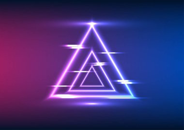 Soyut teknoloji arka planı, neon ışıklarla parlayan üçgen geometrik şekiller. Yüksek teknoloji ve modern görüntünün bir boyutu var. Duvar kağıdı, Sunum, İllüstrasyon, Vektör..