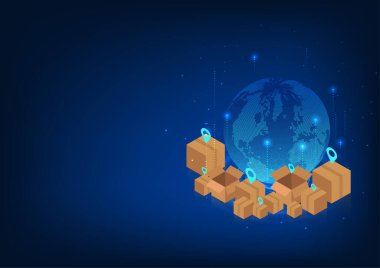 E-ticaret dünyası internetten alışveriş yapıyor. İçinde GPS sembolleri olan kutularla çevrili bir dünya. Ürünlerin dünyanın her yerine nasıl taşınacağını gösteriyor. Bu, işin büyük bir boyuta genişletilmesidir. Isometric.