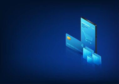 E-ticaret mağazası akıllı telefonunuzla çevrimiçi ve satın aldıklarınızı kredi kartıyla ödeyin. Seyahat etmeye ve nakit kullanmaya gerek yok. Telefonun önünde bir kredi kartı ve bir alışveriş çantası var..