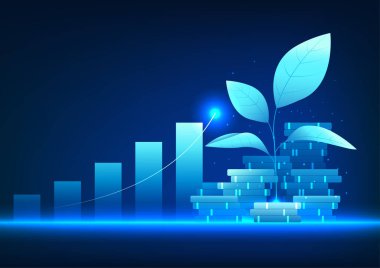 Finansal teknoloji grafiğin önünde bozuk para yığınının tepesindeki bir ağaç. Şirketin kar artışını gösteriyor, yavaş yavaş büyüyen bir ağaç gibi. İş dünya çapında büyüdükçe büyüyor.