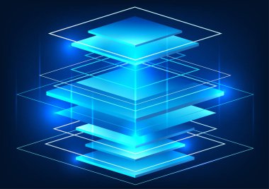 Soyut teknoloji arka plan geometrik şekli kareler üst üste konur. Tüm dünyaya dağıtılmış bir sunucu olan internet ağının veri depolama teknolojisini gösterir.