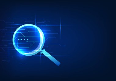 Teknoloji, bilgi arayışı, teknoloji devrelerine bakan büyüteç, yüksek hızlı bir internet ağı üzerinden bilgi arama, siber bilgi gösterme.