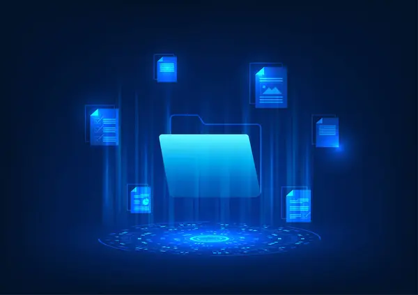 Teknoloji çemberine göre dijital veri depolama belgesi simgesi güvenli ve her zaman ulaşılabilir olan yüksek hızlı internet kullanan sunucularda depolanan dijital belge dosyalarını temsil eder.