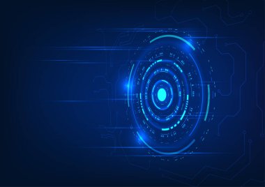 Teknoloji geçmişi. Işık ışını teknolojisi daireleri üst üste biniyor, sistemde veri işleme gösteriliyor. Resim, vektör, poster.