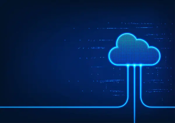 Işık hatlarına sahip bulut teknolojisi dijital veri transferini ve gerçek zamanlı internet ağı üzerinden veri alımını gösteriyor. Teknoloji vektör illüstrasyonu.