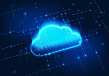 Bulut hesaplama teknolojisi arka planı. Katmanlı bulutlar internet üzerinden elektronik veri depolama teknolojisini temsil ederken, veri merkezi altyapısı ve gizlilik sistemleri.