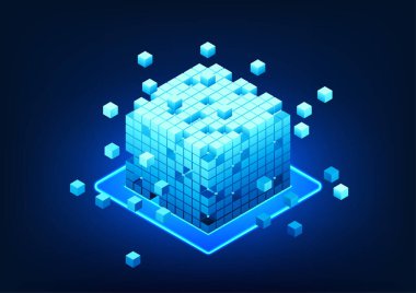 Blockchain technology, a series of separate square boxes that represent the technology of storing data in a network through computer encryption. The recorded data will be transmitted on the network.