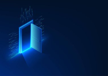 Teknoloji dünyasına açılan kapı ileri açılan ve bilgi satırlarıyla çevrili Yenilik AI, Blokchain, Kuantum Bilgisayarcılık İş Verimliliğini Artıran Maliyetler