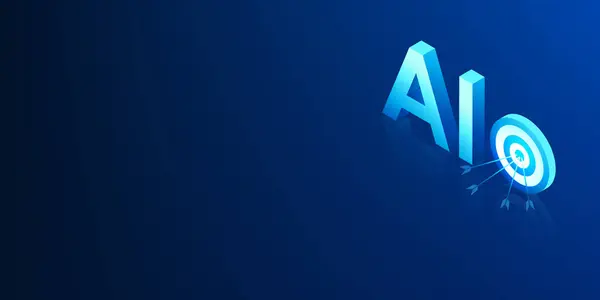 Merkezi işaret eden bir ok ile yapay zeka teknolojisi AI ile eşleştirildi. Yapay zekanın iş hedeflerine hassasiyetle ulaşılması için kullanılması, veri güdümlü bir strateji ortaya koyuyor.