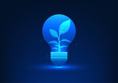 Yatırımı temsil eden teknoloji, büyüyen ağaçlı ampul, yenilik ve akıllı yatırım gücüyle büyüyen yeni fikirleri ve gelecekteki zenginliği temsil ediyor.