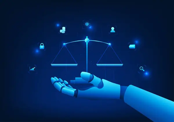 Hukuki Teknoloji Robotik el, yapay zekanın modern hukukla bütünleşmesini sembolize ediyor. Bu da insan haklarının, modern adaletin bir sembolü olan düşünce, yargılama ve korumada yardımcı oluyor..