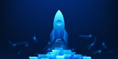 Bir yığın madeni paradan yükselen roket, sağlam bir finansal temele sahip bir şirketin başarısını ve büyümesini simgeliyor..