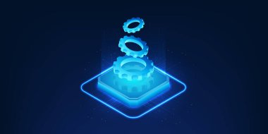 Yapay zeka teknolojisi, üstteki mikroçip bir dişli, akıllı süreçler ve karar verme ve veri analizi için mantıksal mekanizmalarla çalışan bir beyin sistemi..