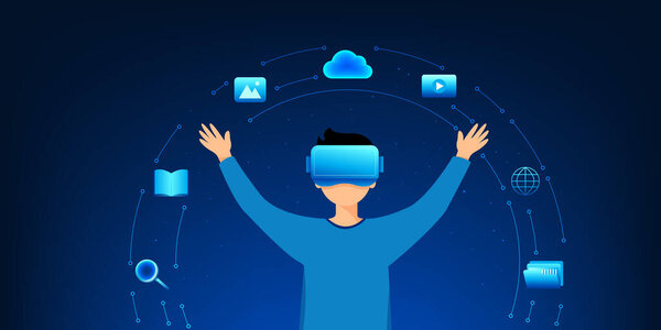 Man wearing VR and AR glasses demonstrates how virtual reality technology works, representing the integration of the digital and real worlds for a cutting-edge user experience.