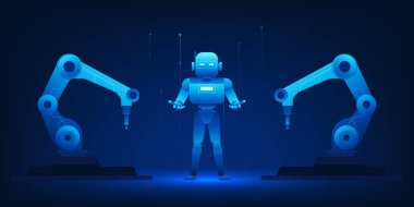 Robot kolların ve yüksek teknolojili makinelerin insansı robotları bir araya getirdiği yapay zeka ile çalışan bir fabrikanın geleceksel vektör çizimi. Konsept yapay zekanın akıllı makineler yarattığını gösteriyor.