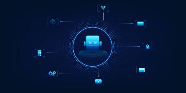 Bağlı bir çemberin merkezindeki yapay zeka robotu, komut simgeleriyle bağlantılı, akıllı otomasyon ve yapay zeka kontrol sistemlerini temsil ediyor