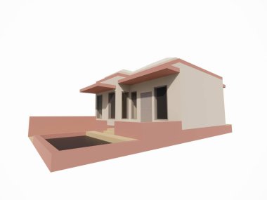 Minimalist beyaz kahverengi bir evin dış kısmının 3 boyutlu mimari modeli.