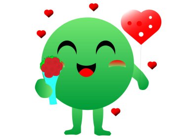 Sevimli yeşil yuvarlak karakterler tarafından Sevgililer Günü kutlaması Kalp balonları ve bir buket kırmızı gül