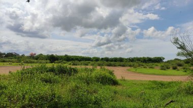 Tepeler yeşil ağaçlarla dolu, mavi gökyüzünde beyaz bulutlar var.