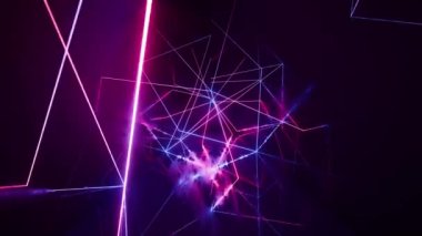 Parlayan neon çizgileri olan karanlık bir tünel, 3 boyutlu görüntüleme.