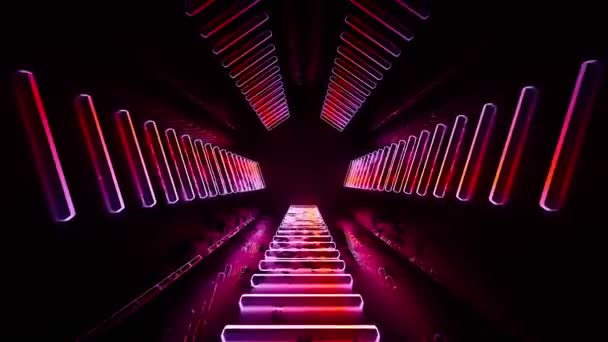 輝くネオンライン 3Dレンダリングと暗いトンネル — ストック動画