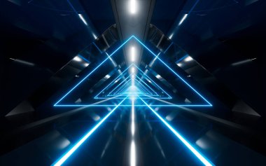 Parlayan ışıkla aydınlanan karanlık bir tünel, 3 boyutlu. Dijital çizim.