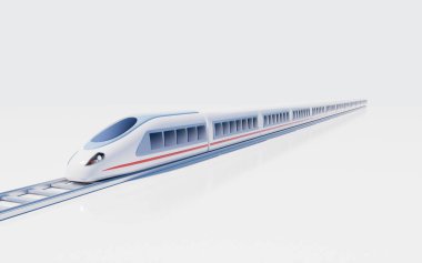 Beyaz, yüksek hızlı, hızlı tren, 3 boyutlu. Dijital çizim.