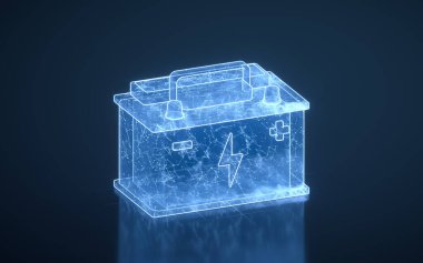 Akümülatör araba aküsü enerji enerjisi ve elektrik, 3D görüntüleme. Dijital çizim.