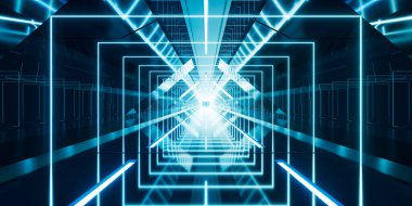 Parlayan ışıkla aydınlanan karanlık bir tünel, 3 boyutlu. Dijital çizim.