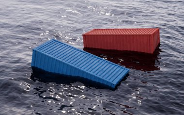 Cargo container floating in the ocean , 3d rendering. Digital drawing. clipart