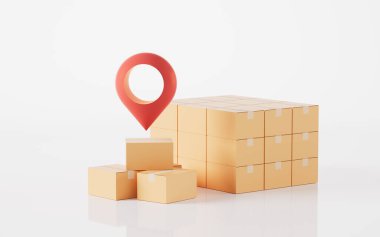 Paketleme kutusu ve konum işareti, 3D görüntüleme. Dijital çizim.