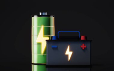 Akümülatör araba aküsü enerji enerjisi ve elektrik, 3D görüntüleme. Dijital çizim.