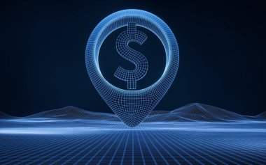 Mavi dijital hat yapısı olan para işareti, 3D görüntüleme. Dijital çizim.