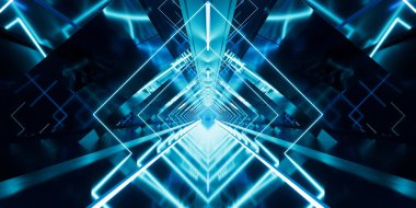 Parlayan ışıkla aydınlanan karanlık bir tünel, 3 boyutlu. Dijital çizim.