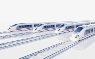 Beyaz, yüksek hızlı, hızlı tren, 3 boyutlu. Dijital çizim.