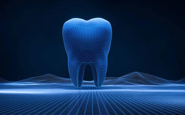 青いデジタルライン構造 3Dレンダリングを持つ歯 デジタルドローイング — ストック写真