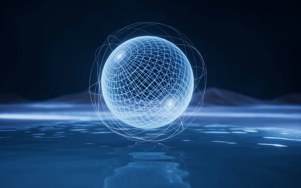 数字球与蓝色的技术结构 3D渲染 数字绘图 — 图库照片