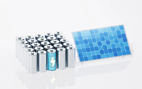 Solpaneler Och Batterier Rendering Digital Ritning — Stockfoto