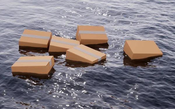 Kartónové Krabice Plovoucí Oceánu Vykreslování Digitální Kresba — Stock fotografie