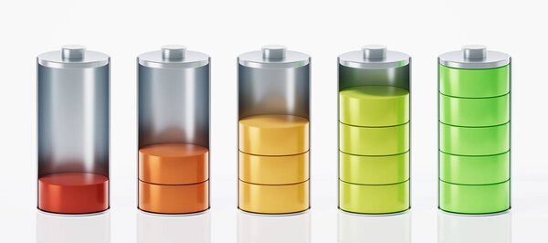 3D быстрый заряд аккумулятора на белом фоне, концепция энергетических технологий, 3D рендеринг. Цифровой рисунок.