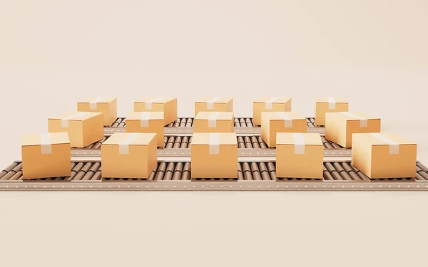 Packaging box and conveyor belt, 3d rendering. Digital drawing.