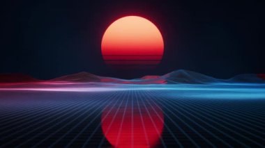 Dijital uzay ve günbatımı eski tarz, 3D görüntüleme. Hareket grafiği.